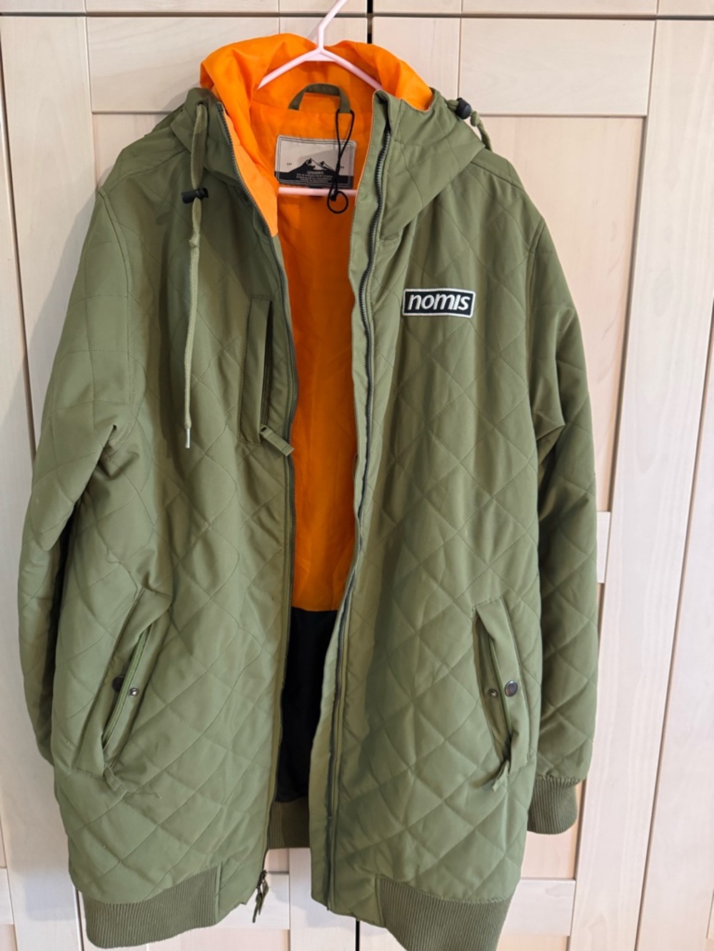 NOMIS Olive Quilted Hooded Jacket with Orange Lining